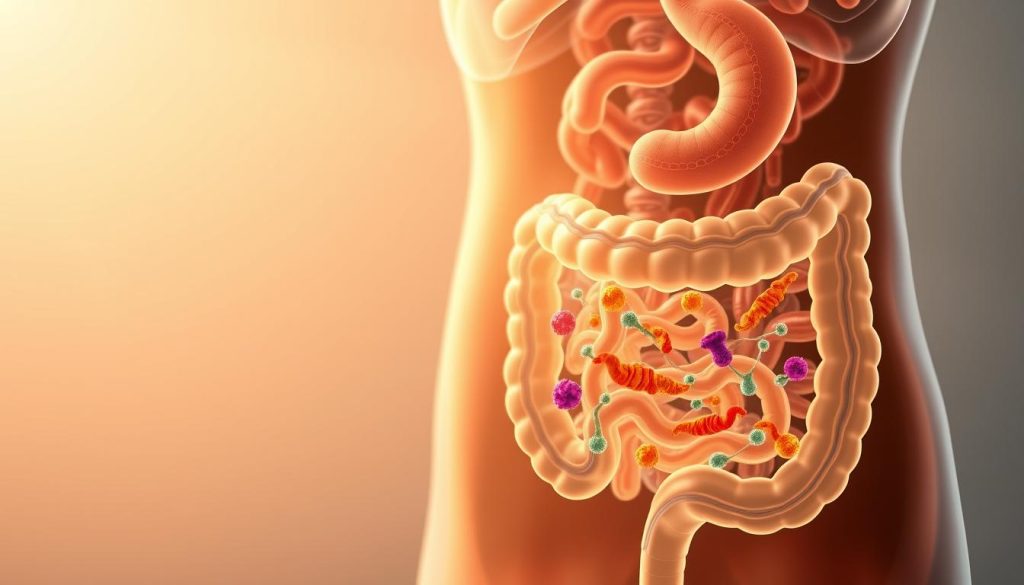 A detailed illustration of the human digestive system, showcasing the role of probiotics. In the foreground, a translucent cross-section of the gut, revealing the intricate network of microvilli and intestinal flora. Probiotics, depicted as vibrant, colorful microorganisms, are shown interacting with the gut lining, aiding in nutrient absorption and supporting overall digestive health. The middle ground features a stylized representation of the gut, with a serene, soft-focus backdrop of the abdominal region. Lighting is warm and diffused, creating a sense of calm and well-being. The composition emphasizes the harmony between the probiotics and the digestive system, conveying the importance of gut health and the beneficial effects of probiotic supplementation. A detailed illustration of the human digestive system, showcasing the role of probiotics. In the foreground, a translucent cross-section of the gut, revealing the intricate network of microvilli and intestinal flora. Probiotics, depicted as vibrant, colorful microorganisms, are shown interacting with the gut lining, aiding in nutrient absorption and supporting overall digestive health. The middle ground features a stylized representation of the gut, with a serene, soft-focus backdrop of the abdominal region. Lighting is warm and diffused, creating a sense of calm and well-being. The composition emphasizes the harmony between the probiotics and the digestive system, conveying the importance of gut health and the beneficial effects of probiotic supplementation.