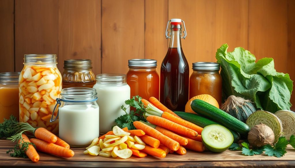 A vibrant still life showcasing an array of probiotic-rich foods. In the foreground, a wooden table is adorned with various fermented delights - jars of tangy sauerkraut, creamy kefir, and bubbling kombucha. Crisp, freshly-harvested vegetables such as carrots, cabbage, and cucumbers are arranged alongside these fermented treasures. In the middle ground, a natural light streams in, casting a warm, golden glow over the scene. The background features a simple, rustic backdrop, allowing the probiotic-packed ingredients to take center stage. The overall composition conveys a sense of nourishment, vitality, and the beneficial power of gut-supporting foods. A vibrant still life showcasing an array of probiotic-rich foods. In the foreground, a wooden table is adorned with various fermented delights - jars of tangy sauerkraut, creamy kefir, and bubbling kombucha. Crisp, freshly-harvested vegetables such as carrots, cabbage, and cucumbers are arranged alongside these fermented treasures. In the middle ground, a natural light streams in, casting a warm, golden glow over the scene. The background features a simple, rustic backdrop, allowing the probiotic-packed ingredients to take center stage. The overall composition conveys a sense of nourishment, vitality, and the beneficial power of gut-supporting foods.