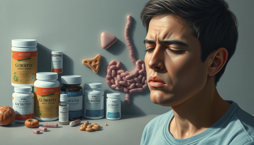 An intricate and realistic digital painting depicting the potential side effects of a probiotic regimen. The foreground features a person experiencing gastrointestinal discomfort, with subtle facial expressions and body language conveying unease. The middle ground showcases various probiotic supplements and gut-related items, each rendered with a high level of detail. The background is a serene, muted environment, allowing the central focus to remain on the person and the probiotics. The lighting is soft and natural, creating a sense of balance and harmony. The overall composition and color palette evoke a sense of contemplation and mindfulness, aligning with the article's theme of monitoring progress and potential side effects. An intricate and realistic digital painting depicting the potential side effects of a probiotic regimen. The foreground features a person experiencing gastrointestinal discomfort, with subtle facial expressions and body language conveying unease. The middle ground showcases various probiotic supplements and gut-related items, each rendered with a high level of detail. The background is a serene, muted environment, allowing the central focus to remain on the person and the probiotics. The lighting is soft and natural, creating a sense of balance and harmony. The overall composition and color palette evoke a sense of contemplation and mindfulness, aligning with the article's theme of monitoring progress and potential side effects.